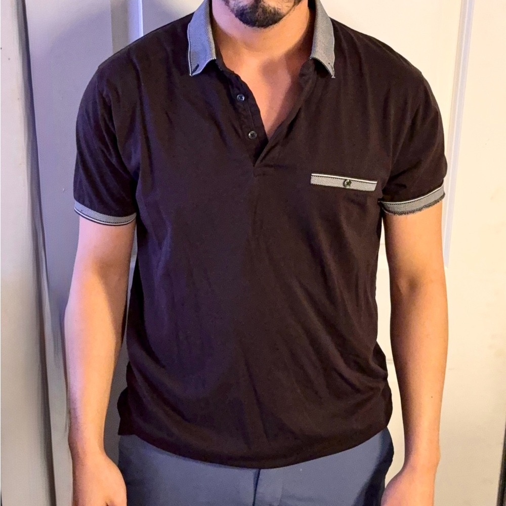 Denim & Flower Dark Polo with Gray Trim